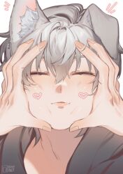 Rule 34 | 1boy, 1other, absurdres, animal ear fluff, animal ears, artist name, black jacket, blush, caelus (honkai: star rail), closed eyes, commentary, dog ears, english commentary, fingernails, grey hair, hair between eyes, hands on another&#039;s face, hands up, heart, highres, honkai: star rail, honkai (series), jacket, kemonomimi mode, kohianji, lips, notice lines, open mouth, short hair, simple background, solo focus, standing, trailblazer (honkai: star rail), upper body, white background