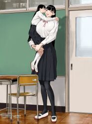 Rule 34 | 2girls, absurdres, black hair, black pantyhose, black skirt, breasts, carrying, chair, desk, door, height difference, highres, hiramedousa, huge breasts, indoors, long hair, multiple girls, open mouth, original, pantyhose, pleated skirt, profile, red ribbon, ribbon, school desk, shadow, shoes, size difference, skirt, smile, socks, very long hair, watermark, web address, white footwear, white socks, yuri