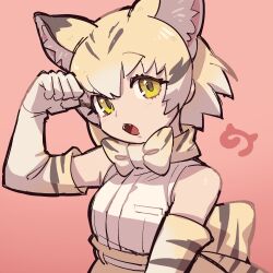 Rule 34 | 1girl, an-chan (ananna0315), animal ears, back bow, bare shoulders, blonde hair, blush, bow, bowtie, brown hair, cat ears, cat girl, elbow gloves, extra ears, fangs, gloves, hair between eyes, high-waist skirt, highres, kemono friends, looking at viewer, multicolored hair, open mouth, paw pose, print bow, print bowtie, print gloves, print skirt, sand cat (kemono friends), sand cat print, shirt, sidelocks, skirt, sleeveless, solo, upper body, white gloves, white hair, white shirt, yellow eyes