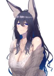 Rule 34 | 1girl, animal ear fluff, animal ears, black hair, blue eyes, blue hair, blush, breasts, cleavage, closed mouth, collarbone, commentary request, fox ears, gradient hair, hair between eyes, highres, jewelry, large breasts, long hair, looking at viewer, mole, mole on breast, mole under eye, multicolored hair, necklace, off shoulder, original, ribbed sweater, shiroshisu, simple background, smile, solo, sweater, two-tone hair, upper body, white background, white sweater