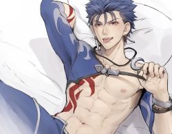 Rule 34 | 1boy, abs, bad id, bad twitter id, bed sheet, blue hair, blue pants, chest tattoo, collarbone, commentary request, crescent, crescent necklace, crescent pin, cu chulainn (fate), cu chulainn (fate/stay night), cu chulainn (second ascension) (fate), earrings, fang, fate/stay night, fate (series), highres, jewelry, looking at viewer, lying, male focus, mondi hl, naughty face, navel, necklace, nipples, official alternate costume, on back, open mouth, pants, pectorals, pillow, red eyes, smile, solo, tattoo, tongue, tongue out, upper body