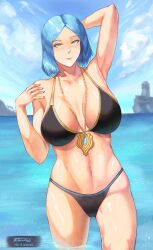 Rule 34 | 1girl, absurdres, arete (fire emblem), bikini, blue hair, bracelet, breasts, cleavage, fire emblem, fire emblem fates, highres, jewelry, large breasts, lipstick, looking at viewer, makeup, mature female, navel, nintendo, ocean, short hair, signature, solo, swimsuit, tempura chronos, wide hips, yellow eyes