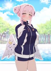 Rule 34 | 1girl, angel wings, black jacket, black shorts, blue archive, blush, breasts, closed mouth, cowboy shot, day, double bun, feathered wings, hair bun, halo, highres, jacket, long sleeves, looking at viewer, medium breasts, mika (blue archive), outdoors, pink hair, pink halo, pool, short hair, shorts, solo, white wings, wings, yellow eyes, yosik