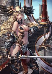 Rule 34 | 1girl, arena, armor, azhang, bare shoulders, bikini armor, blonde hair, boots, breasts, copyright request, couter, gauntlets, half-closed eyes, halterneck, headpiece, highres, lips, navel, photoshop (medium), red eyes, solo, sword, thigh boots, thighhighs, weapon, wind