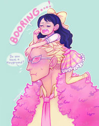 Rule 34 | 1boy, 1girl, age difference, baby 5, black hair, blonde hair, donquixote doflamingo, highres, one piece, sleeping