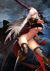 Rule 34 | 00s, 1girl, arched back, areola slip, armor, bad id, bad pixiv id, bikini armor, black thighhighs, breasts, brown eyes, dark templar (dungeon and fighter), derivative work, dungeon and fighter, female focus, female pubic hair, female slayer (dungeon and fighter), happening18, large breasts, legs, lips, long hair, long legs, pauldrons, pubic hair, shoulder armor, slingshot swimsuit, solo, swimsuit, sword, thick thighs, thighhighs, thighs, torn clothes, torn thighhighs, underboob, very long hair, weapon, white hair