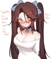 Rule 34 | 1girl, :o, absurdres, arms behind back, bandaged arm, bandages, bandaid, bare shoulders, black choker, blush, bow, breasts, brown eyes, brown hair, choker, cleavage, collarbone, english text, from above, hair between eyes, hair bow, heart, heart-shaped pupils, heart choker, highres, large breasts, long hair, looking to the side, off-shoulder shirt, off shoulder, original, shirt, simple background, sky above me, solo, swept bangs, symbol-shaped pupils, twintails, upper body, very long hair, white background, white shirt