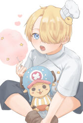 Rule 34 | 1boy, :3, aged down, antlers, blonde hair, blue eyes, blue headwear, blue nose, boots, brown footwear, character doll, chef, chef hat, commentary, cotton candy, curly eyebrows, food, hair over one eye, hat, heart, highres, holding, holding food, horns, lily-summer-0607, looking at viewer, male focus, one piece, open mouth, red shorts, reindeer antlers, sanji (one piece), shirt, short hair, shorts, simple background, sitting, star (symbol), striped clothes, stuffed animal, stuffed duck, stuffed reindeer, stuffed toy, tony tony chopper, white background, white shirt, yellow shirt
