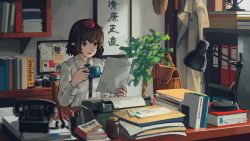 Rule 34 | 1girl, bag, binder, black hair, black necktie, book, camera, coat, commentary request, cup, desk, desk lamp, envelope, folder, hat, highres, holding, holding cup, holding paper, indoors, jar, lamp, long sleeves, mikado (winters), necktie, paper, parted lips, pen, pencil, phone, photo (object), picture frame, plant, pointy ears, printer, red eyes, red hat, revision, shameimaru aya, shirt, short hair, smile, solo, touhou, translation request, white shirt