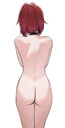 Rule 34 | 1girl, absurdres, ange katrina, ass, black choker, choker, completely nude, from behind, highres, nijisanji, nude, red hair, short hair, simple background, solo, standing, sweat, thigh gap, urokong, virtual youtuber, white background