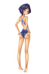 Rule 34 | 1girl, absurdres, adjusting clothes, adjusting swimsuit, ass, back, blue eyes, blue one-piece swimsuit, blush, competition school swimsuit, competition swimsuit, dark-skinned female, dark skin, esoragoto, from behind, full body, highres, looking at viewer, one-piece swimsuit, one-piece tan, school swimsuit, short hair, simple background, solo, swimsuit, tan, tanline, white background