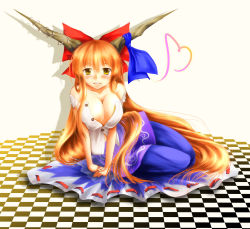 Rule 34 | 1girl, alternate breast size, artist request, bare shoulders, blonde hair, blush, bow, breasts, checkered floor, cleavage, female focus, floor, hair bow, highres, horns, huge breasts, ibuki suika, large breasts, long hair, aged up, orange hair, perspective, sanzou (tail9), smile, solo, touhou, undressing, yellow eyes