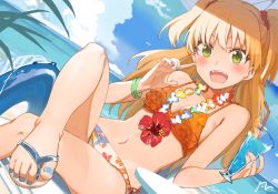 Rule 34 | 1girl, bikini, blonde hair, blue nails, breasts, cleavage, cup, drinking glass, drinking straw, fangs, flip-flops, floral print, flower, flower necklace, green eyes, highres, holding, holding cup, idolmaster, idolmaster cinderella girls, jewelry, jougasaki rika, long hair, looking at viewer, nail polish, navel, necklace, orange bikini, sandals, small breasts, solo, swimsuit, teeth, upper teeth only, yanngoto