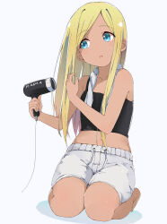 Rule 34 | 1girl, aqua eyes, bare shoulders, barefoot, black shirt, blonde hair, blush, breasts, collarbone, dark-skinned female, dark skin, dot nose, hair dryer, hands up, highres, holding, holding hair dryer, idolmaster, idolmaster cinderella girls, idolmaster cinderella girls starlight stage, layla (idolmaster), long hair, looking at another, midriff, navel, open mouth, rauto, seiza, shirt, shorts, simple background, sitting, sleeveless, sleeveless shirt, small breasts, solo, towel, towel around neck, white background, white shorts, white towel