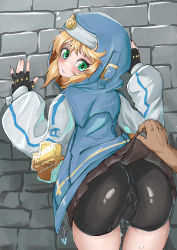 Rule 34 | 1boy, absurdres, against wall, artist request, ass, bike shorts, black shorts, blonde hair, blush, bridget (guilty gear), bulge, clothes lift, come hither, fingerless gloves, from behind, gloves, green eyes, guilty gear, guilty gear strive, highres, hood, huge ass, looking at viewer, looking back, parted lips, shiny clothes, shiny skin, short hair with long locks, short shorts, shorts, skirt, skirt hold, skirt lift, smile, solo focus, sweat, trap