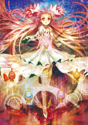 1girl, arm at side, breasts, choker, cleavage, cleavage cutout, clothing cutout, collarbone, dot nose, dress, floating hair, full body, gloves, glowing, hair ribbon, happy, highres, kaname madoka, layered dress, layered sleeves, legs together, light particles, light rays, light smile, long dress, long hair, looking at viewer, magic circle, mahou shoujo madoka magica, messy hair, outstretched hand, parted lips, pink hair, pink theme, ribbon, saraoku-san, small breasts, solo, soul gem, tareme, thighhighs, two side up, ultimate madoka, very long hair, white choker, white dress, white footwear, white gloves, white neckwear, white ribbon, wide sleeves, winged footwear, yellow eyes, zettai ryouiki