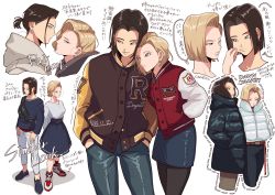Rule 34 | 1boy, 1girl, alternate costume, alternate hairstyle, android 17, android 18, arrow (symbol), belt, black coat, black hair, black pantyhose, blonde hair, blue coat, blue eyes, blue skirt, breasts, brother and sister, buttons, cheek pull, clothes writing, coat, collarbone, commentary request, denim, dotted line, down jacket, dragon ball, dragonball z, earrings, english text, expressionless, eyelashes, face-to-face, fanny pack, from above, from side, frown, full body, hand on another&#039;s cheek, hand on another&#039;s face, hands in pockets, head on another&#039;s shoulder, high ponytail, highres, hood, hood down, hoodie, jacket, jeans, jewelry, leaning, leaning on person, letterman jacket, light smile, long sleeves, looking afar, looking away, looking to the side, medium breasts, multiple views, open mouth, pants, pantyhose, parted lips, ponytail, portrait, profile, red ribbon army, shaded face, shadow, shiny clothes, shoes, short hair, siblings, side-by-side, skirt, sneakers, speech bubble, standing, tama azusa hatsu, translation request, twins, winter clothes, winter coat