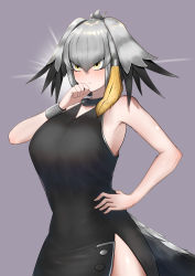 Rule 34 | 1girl, absurdres, bird tail, bird wings, black dress, black hair, black skirt, breasts, dress, feathered wings, grey hair, hair between eyes, hand on own chin, head wings, highres, john (a2556349), kemono friends, kemono friends 3, large breasts, long hair, multicolored hair, orange hair, shoebill (kemono friends), sidelocks, skirt, sleeveless, sleeveless dress, solo, stroking own chin, tail, thinking, tsurime, wings