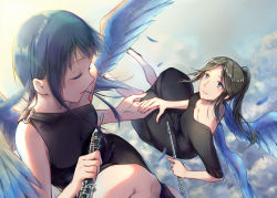 Rule 34 | 2girls, bare shoulders, black dress, black hair, blue eyes, blue feathers, blue hair, blush, closed eyes, closed mouth, cloud, collarbone, dress, falling feathers, feathers, flute, flying, hands up, hibike! euphonium, holding, holding hands, holding instrument, instrument, kasaki nozomi, liz to aoi tori, long hair, looking at another, momiji asterisk, multiple girls, oboe, parted lips, ponytail, short sleeves, sleeveless, sleeveless dress, smile, wings, yoroizuka mizore