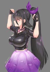 Rule 34 | 1girl, arms up, artist name, black hair, breasts, chamame, clenched hands, closed mouth, cowboy shot, fingerless gloves, gloves, grey background, hair between eyes, hair ornament, hair ribbon, highres, idol, jacket, jewelry, large breasts, leather, leather jacket, long hair, midriff peek, necklace, o-ring, ponytail, purple skirt, red eyes, ribbon, shiny clothes, sidelocks, simple background, skirt, solo, standing, very long hair, yamada tae, zipper, zombie land saga