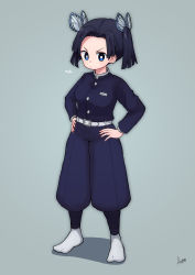 Rule 34 | 1girl, absurdres, artist name, asutoro (s--t), belt, black hair, blue eyes, blue jacket, blue pants, bright pupils, butterfly hair ornament, closed mouth, commentary request, forehead, frown, full body, grey background, hair ornament, hands on own hips, highres, jacket, kanzaki aoi (kimetsu no yaiba), kimetsu no yaiba, long sleeves, looking at viewer, no shoes, pants, parted bangs, partial commentary, shadow, short hair, signature, simple background, solo, square pupils, standing, tabi, twintails, v-shaped eyebrows, white belt, white legwear, white pupils