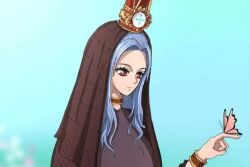 Rule 34 | 1girl, artist request, blue hair, bug, butterfly, crown, im (one piece), insect, long hair, nefertari d. lily, one piece, red eyes, source request