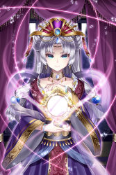 Rule 34 | 1girl, aqua eyes, bad id, bad pixiv id, beads, bracelet, character request, collarbone, copyright request, curtains, glowing, hair beads, hair ornament, jewelry, light smile, long hair, long sleeves, looking at viewer, mirror, mvv, necklace, shawl, silver hair, solo, wide sleeves, window