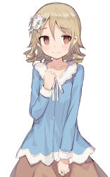 Rule 34 | 1girl, @ @, blonde hair, blouse, blue shirt, brown eyes, brown skirt, clenched hands, closed mouth, collarbone, collared shirt, cowboy shot, earrings, flower, frilled shirt collar, frills, furrowed brow, hair between eyes, hair flower, hair ornament, hand up, highres, idolmaster, idolmaster cinderella girls, jewelry, long sleeves, looking at viewer, looking to the side, morikubo nono, neck ribbon, ribbon, ringlets, shirt, shone, short hair, simple background, skirt, smile, solo, standing, stud earrings, wavy mouth, white background, white ribbon