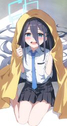 Rule 34 | 1girl, :d, absurdres, aris (blue archive), black hair, black skirt, blue archive, blue halo, blue necktie, hair between eyes, halo, highres, kurone (kurone ryuo), long hair, looking at viewer, necktie, open mouth, pleated skirt, shirt, sitting, skirt, smile, solo, thighs, white shirt