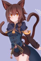 Rule 34 | 1girl, animal ear fluff, animal ears, black capelet, black shorts, black sleeves, blue shirt, blush, braid, brown hair, capelet, cat ears, cat girl, cat tail, commentary request, facial mark, hair between eyes, highres, long sleeves, looking at viewer, motion lines, multiple tails, ocha no mae, orange eyes, original, purple background, shirt, short shorts, shorts, simple background, single braid, sleeves past wrists, solo, tail, two tails, whisker markings