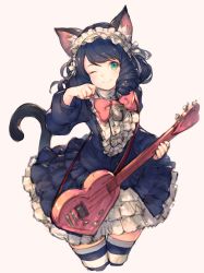 Rule 34 | 10s, 1girl, ;), animal ears, bell, black hair, blush, bow, cat ears, cat tail, curly hair, cyan (show by rock!!), dress, guitar, hairband, highres, instrument, jingle bell, junwool, lolita hairband, looking at viewer, multiple girls, one eye closed, paw pose, revision, show by rock!!, simple background, smile, solo, strawberry heart (show by rock!!), striped clothes, striped thighhighs, tail, thighhighs, white background