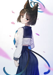 Rule 34 | 1girl, absurdres, animal ear fluff, animal ears, black hair, blue archive, blue skirt, blush, bright pupils, cat ears, cat tail, cherry blossoms, clothing cutout, falling petals, halo, highres, kikyou (blue archive), looking at viewer, looking to the side, midriff peek, multiple tails, nassss, petals, pleated skirt, school uniform, serafuku, shirt, short hair, skirt, solo, tail, tail through clothes, white pupils, white shirt