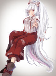 Rule 34 | 1girl, absurdres, bad id, bad pixiv id, bow, breasts, female focus, fujiwara no mokou, gradient background, hair bow, hair ribbon, highres, juliet sleeves, large breasts, long hair, long sleeves, looking at viewer, open fly, outstretched arm, pants, ponytail, puffy sleeves, red eyes, ribbon, shiromoru (yozakura rety), shirt, silver hair, sitting, solo, suspenders, touhou, tress ribbon, unzipped, very long hair