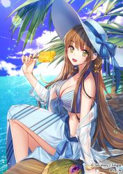 Rule 34 | 1girl, blue bow, blue ribbon, blush, bow, breasts, brown hair, cleavage, food, green eyes, hat, hat bow, hat ribbon, large breasts, long hair, looking at viewer, parted lips, popsicle, ribbon, sid story, sila (carpen), sitting, smile, solo, white hat