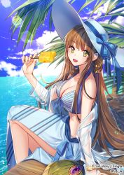 1girl blue_bow blue_ribbon blush bow breasts brown_hair cleavage female_focus food green_eyes hat hat_bow hat_ribbon large_breasts long_hair looking_at_viewer parted_lips popsicle ribbon sid_story sila_(carpen) sitting smile solo white_hat