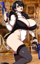 Rule 34 | 1girl, absurdres, alecto 0, alternate breast size, alternate costume, bayonetta, bayonetta (series), bayonetta 2, black-framed eyewear, black hair, blue eyes, breasts, brown lips, center opening, cleavage, commentary, covered navel, dual wielding, english commentary, enmaided, glasses, grey thighhighs, gun, handgun, highleg, highleg leotard, highres, holding, holding gun, holding weapon, huge breasts, leotard, lips, lipstick, long sleeves, maid, makeup, mole, mole under eye, photo background, revealing clothes, skindentation, solo, thick thighs, thighhighs, thighs, trigger discipline, weapon, white leotard