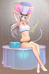 Rule 34 | 1girl, absurdres, animal ears, armpits, arms up, artist name, blue eyes, breasts, drum, drumsticks, dungeon and fighter, high heels, highres, instrument, large breasts, long hair, looking at viewer, mouse ears, mouse girl, mouse tail, navel, papupu, silver hair, solo, tail, very long hair, white footwear