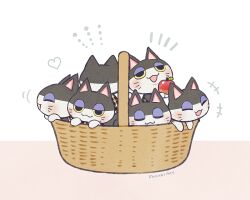 Rule 34 | +++, 6+boys, :3, :d, ^ ^, animal crossing, apple, artist name, ayu (mog), basket, blush, brown background, cat boy, closed eyes, closed mouth, commentary request, facing away, food, fruit, furry, furry male, heart, holding, holding food, holding fruit, in basket, looking at viewer, multiple boys, nintendo, notice lines, open mouth, punchy (animal crossing), simple background, smile, two-tone background, white background