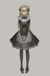 Rule 34 | 1girl, animal ears, animal nose, apron, black bow, black dress, black footwear, black pantyhose, blonde hair, blush, bow, breasts, buttons, closed mouth, collared dress, crossed bangs, dog ears, dog girl, dress, female focus, footwear bow, frilled apron, frilled dress, frills, full body, furry, furry female, green eyes, grey background, hair between eyes, highres, long hair, long sleeves, looking at viewer, maid apron, maid headdress, neumo, original, own hands together, pantyhose, shoes, short dress, sidelocks, simple background, small breasts, solo, standing, straight-on, v arms, white apron