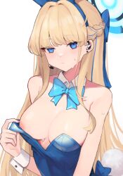 Rule 34 | 1girl, :/, animal ears, bare shoulders, blonde hair, blue archive, blue bow, blue bowtie, blue eyes, blue hair, blue hairband, blue leotard, bow, bowtie, braid, breasts, cleavage, closed mouth, commentary, detached collar, fake animal ears, fake tail, fingernails, french braid, hair bow, hairband, halo, hand up, headset, highres, large breasts, leotard, leotard pull, light blush, long hair, looking at viewer, multicolored hair, nipples, official alternate costume, playboy bunny, pulling own clothes, rabbit ears, rabbit tail, sidelocks, simple background, solo, strapless, strapless leotard, streaked hair, sweat, tail, takasumikei, toki (blue archive), toki (bunny) (blue archive), two-tone hair, upper body, very long hair, white background, wrist cuffs