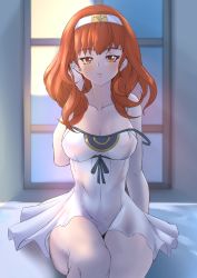 Rule 34 | absurdres, breasts, celica (fire emblem), deekei, dress, fire emblem, fire emblem echoes: shadows of valentia, fire emblem heroes, gown, tucking hair, highres, md5 mismatch, night, night sky, nightgown, nintendo, parted lips, princess, red hair, resolution mismatch, sky, sleepwear, solo, source smaller, thighs