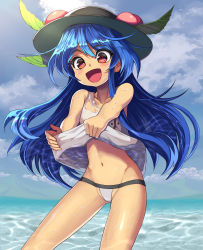 Rule 34 | 1girl, :d, adapted costume, bare arms, bare shoulders, bikini, bikini bottom only, black headwear, blue hair, blue sky, blush, clothes lift, cloud, commentary request, cowboy shot, day, food, fruit, gluteal fold, groin, hair between eyes, highres, hinanawi tenshi, leaf, lifted by self, long hair, looking at viewer, navel, open mouth, outdoors, peach, red eyes, shirt lift, single sidelock, sky, smile, solo, standing, stomach, swimsuit, syope, tank top, thighs, touhou, very long hair, water, white bikini, white tank top