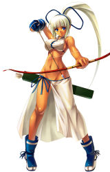 Rule 34 | 1girl, akamaru, arrow (projectile), bare arms, bare shoulders, blue eyes, blunt bangs, blush, bow (weapon), breasts, closed mouth, covered erect nipples, full body, groin, holding, holding arrow, holding bow (weapon), holding weapon, large breasts, long hair, majikina mina, midriff, navel, no panties, ponytail, quiver, revealing clothes, ribbon, samurai spirits, sarong, sideboob, sidelocks, simple background, snk, solo, standing, stomach, tan, very long hair, weapon, white background, white hair, white sarong