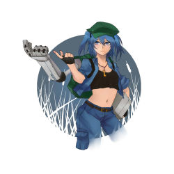 Rule 34 | 1girl, backpack, bag, belt, black gloves, blonde hair, blue eyes, blue pants, come hither, container, crop top, cropped jacket, fingerless gloves, fingernails, gloves, hat, kawashiro nitori, key, key necklace, mechanical arms, midriff, navel, necklace, noel (pixiv5459099), pants, pocket, pointing, short hair, single mechanical arm, smile, solo, stomach, tank top, taunting, touhou, twintails, two side up