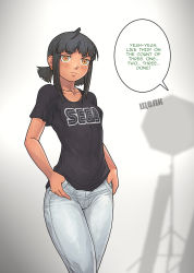Rule 34 | 1girl, ahoge, black hair, black shirt, blunt bangs, blurry, blurry background, blush, breasts, brown eyes, closed mouth, collarbone, cowboy shot, denim, english text, gloomy (leonzo), highres, khmuro, leonzo, low twintails, medium hair, original, pants, sega, shirt, short sleeves, short twintails, sidelocks, small breasts, solo, speech bubble, t-shirt, tan, thumbs in pockets, twintails, white pants