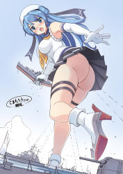 Rule 34 | 1girl, ass, bare arms, black skirt, blue eyes, blue hair, blue sky, breasts, day, double bun, doughnut hair bun, from behind, from below, giant, giantess, gloves, hair bun, high heels, highres, kantai collection, large breasts, long hair, looking at viewer, military, military vehicle, no panties, open mouth, panties, rudder footwear, school uniform, seo tatsuya, serafuku, ship, size difference, skirt, sky, solo, striped clothes, striped skirt, turret, underwear, urakaze (kancolle), warship, watercraft, white gloves, white panties