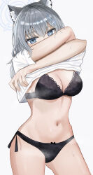 Rule 34 | 1girl, animal ears, black bra, black panties, blue archive, blue halo, bra, clothes lift, cowboy shot, cross hair ornament, crossed arms, grey hair, hair ornament, halo, highres, mismatched pupils, panties, ruruo, shiroko (blue archive), shirt, shirt lift, sweat, underwear, undressing, white background, white shirt, wolf ears