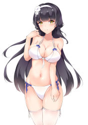 Rule 34 | 1girl, absurdres, arm up, bare shoulders, bikini, black hair, breasts, clark (159123), cleavage, closed mouth, collarbone, feet out of frame, flower, girls&#039; frontline, hair flower, hair ornament, hairband, highres, large breasts, light blush, long hair, looking at viewer, navel, official alternate costume, smile, solo, standing, swimsuit, thighhighs, type 95 (girls&#039; frontline), type 95 (summer cicada) (girls&#039; frontline), white background, white bikini, white hairband, white thighhighs, yellow eyes