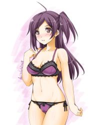 Rule 34 | 1girl, ahoge, akimoto dai, bikini, bra, breasts, brown eyes, cleavage, collarbone, commentary request, cowboy shot, dated, groin, hagikaze (kancolle), highres, kantai collection, lace, lace bra, long hair, medium breasts, one-hour drawing challenge, one side up, panties, parted lips, purple bra, purple hair, purple panties, side-tie bikini bottom, solo, swimsuit, twitter username, underwear, underwear only