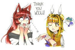 Rule 34 | 2girls, :d, ;o, ?, absurdres, animal ear fluff, animal ears, armor, armored dress, arrow (symbol), artist request, bare shoulders, blonde hair, blunt bangs, brooch, brown hair, commentary, constricted pupils, disembodied limb, double bun, dress, english commentary, fang, hair between eyes, hair bun, hair intakes, hair ribbon, hand up, hands up, haniyasushin keiki, highres, holding, imaizumi kagerou, jewelry, joutouguu mayumi, long hair, looking at another, multiple girls, nail polish, off-shoulder dress, off shoulder, one eye closed, open mouth, puffy short sleeves, puffy sleeves, red nails, ribbon, shirt, short sleeves, simple background, smile, spoken question mark, sweat, thank you, thick eyebrows, touhou, vambraces, white background, white dress, white ribbon, white shirt, wolf ears, yellow dress, yellow eyes